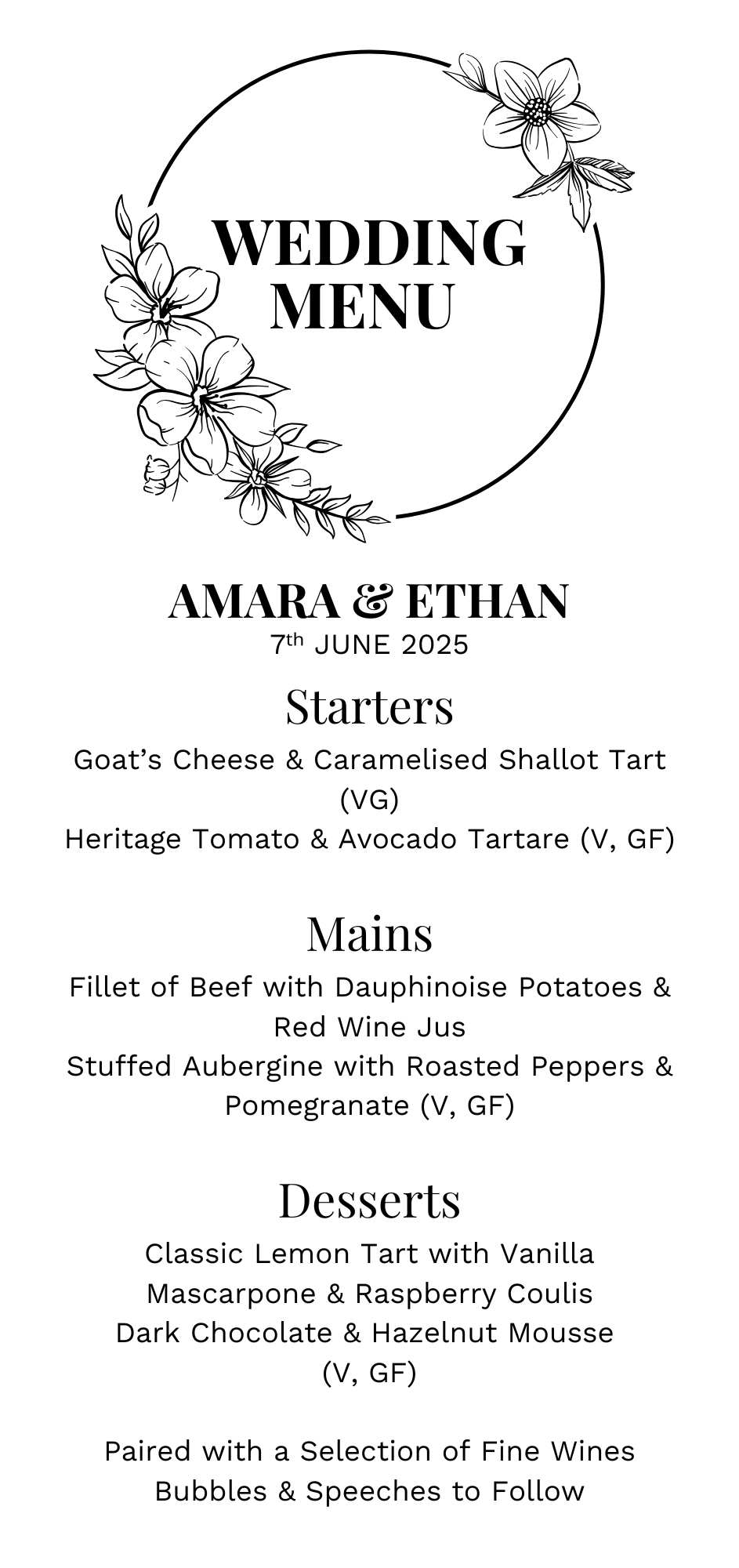 Primrose Dell Wedding Menu