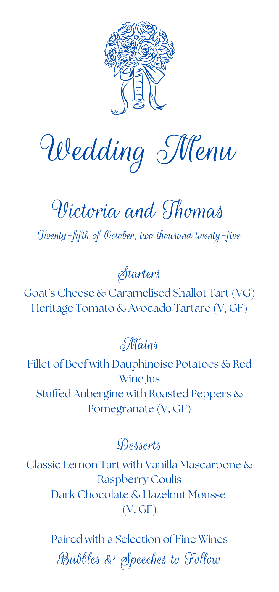 Cornflower Hill Wedding Menu