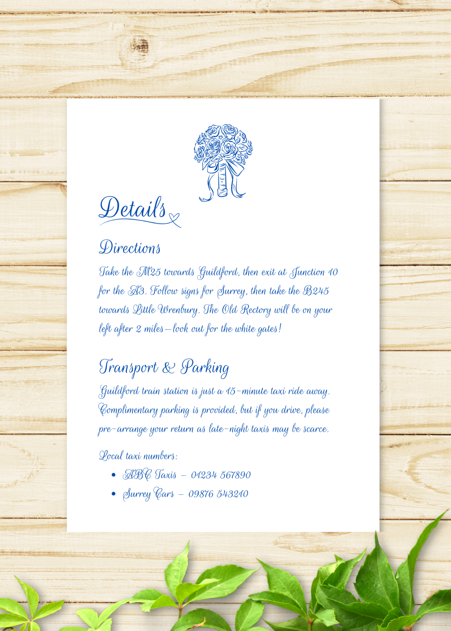 Cornflower Hill Wedding Details Card