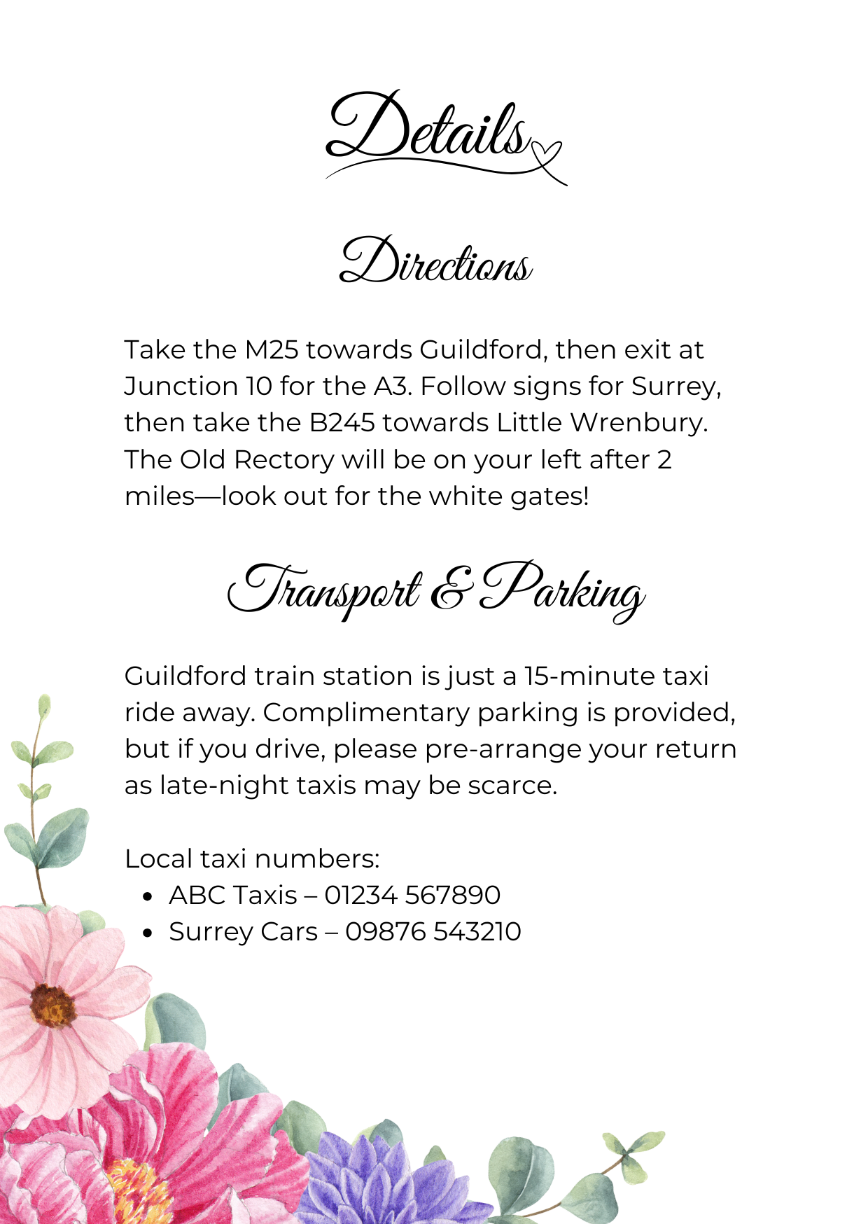 Fleur d’Amour Wedding Details Card