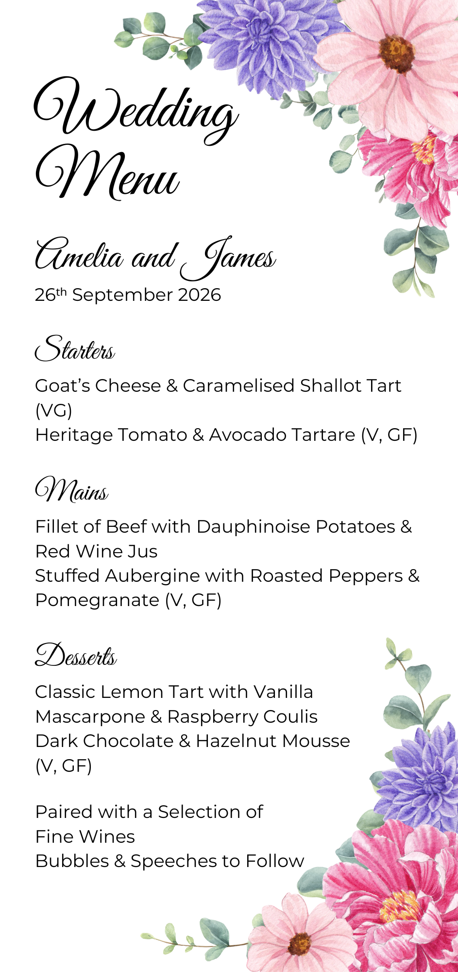 Fleur d’Amour Wedding Menu