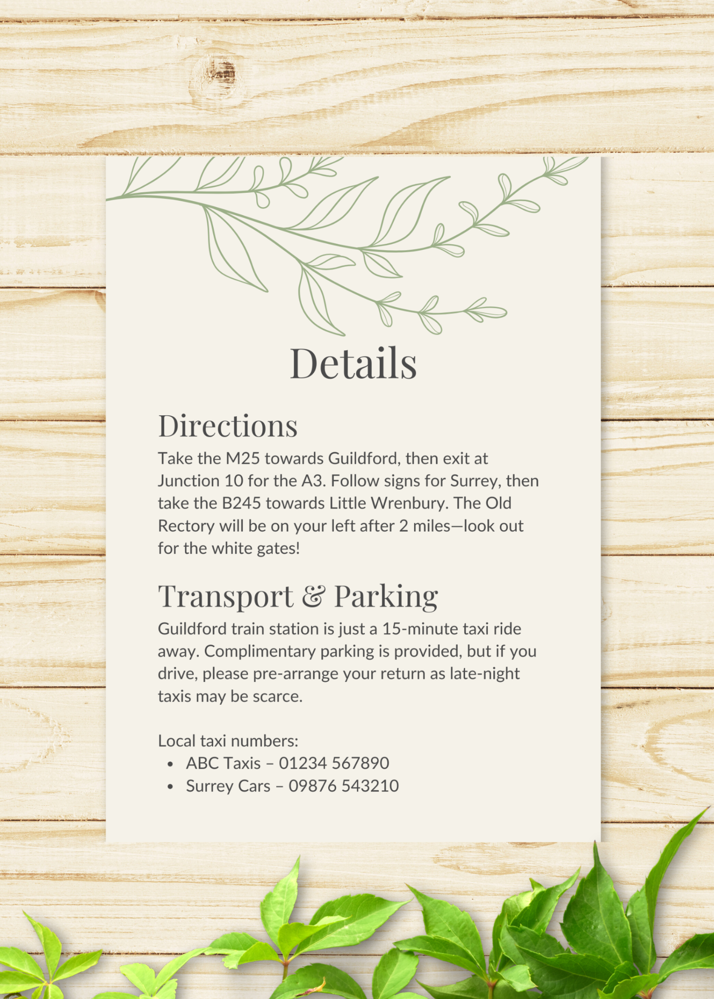 Meadow Sage Wedding Details Card