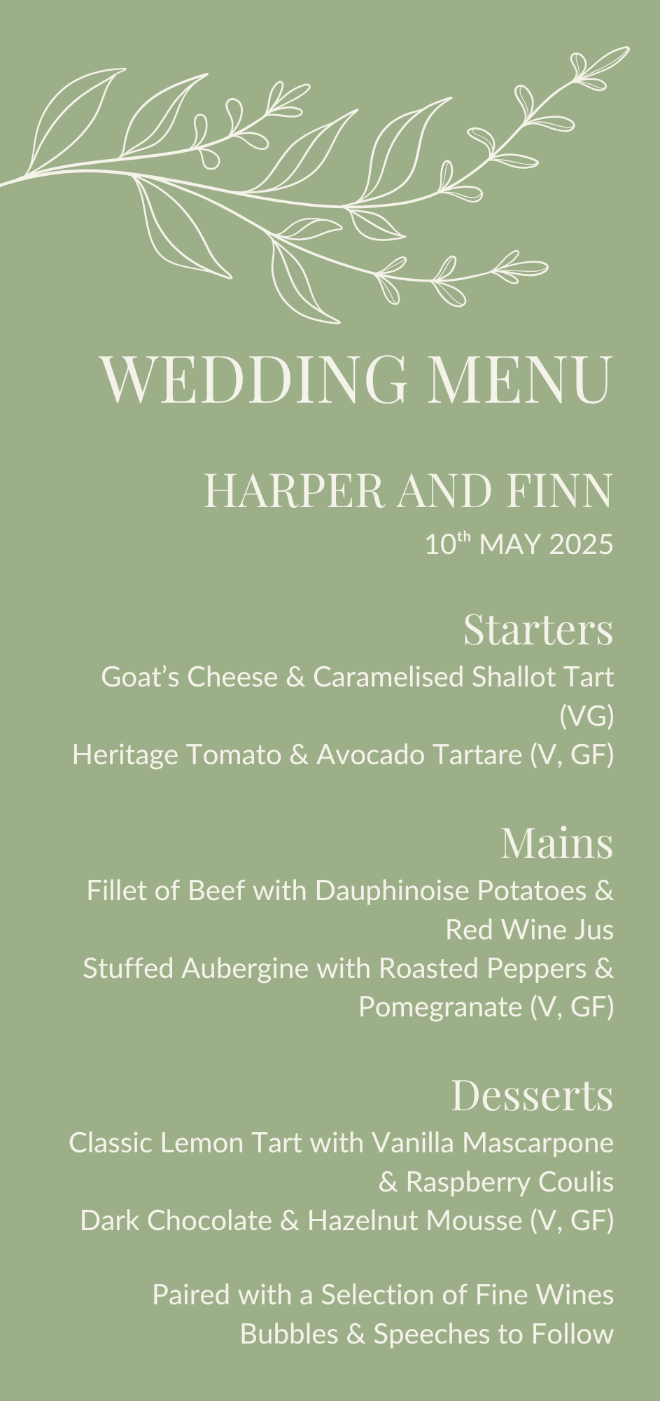 Meadow Sage Wedding Menu