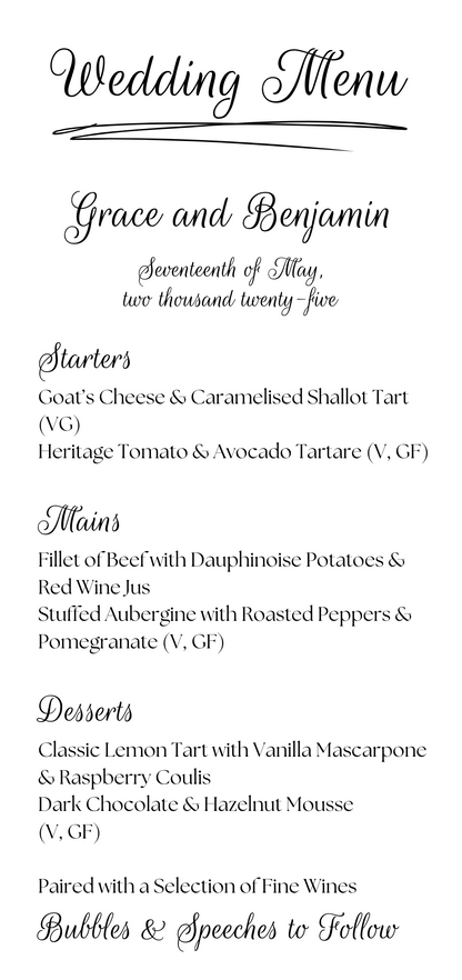 Oakmere Wedding Menu