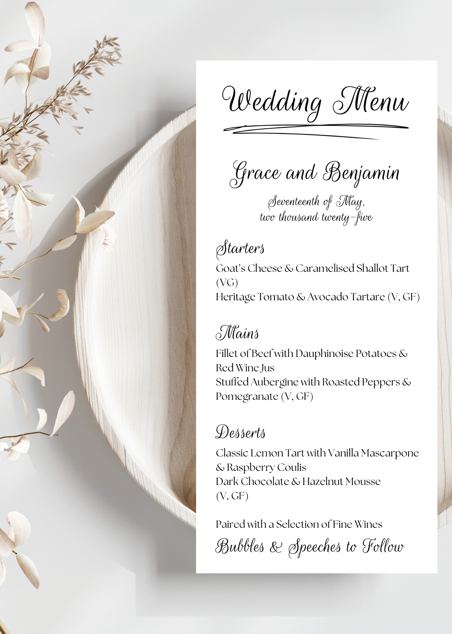 Oakmere Wedding Menu