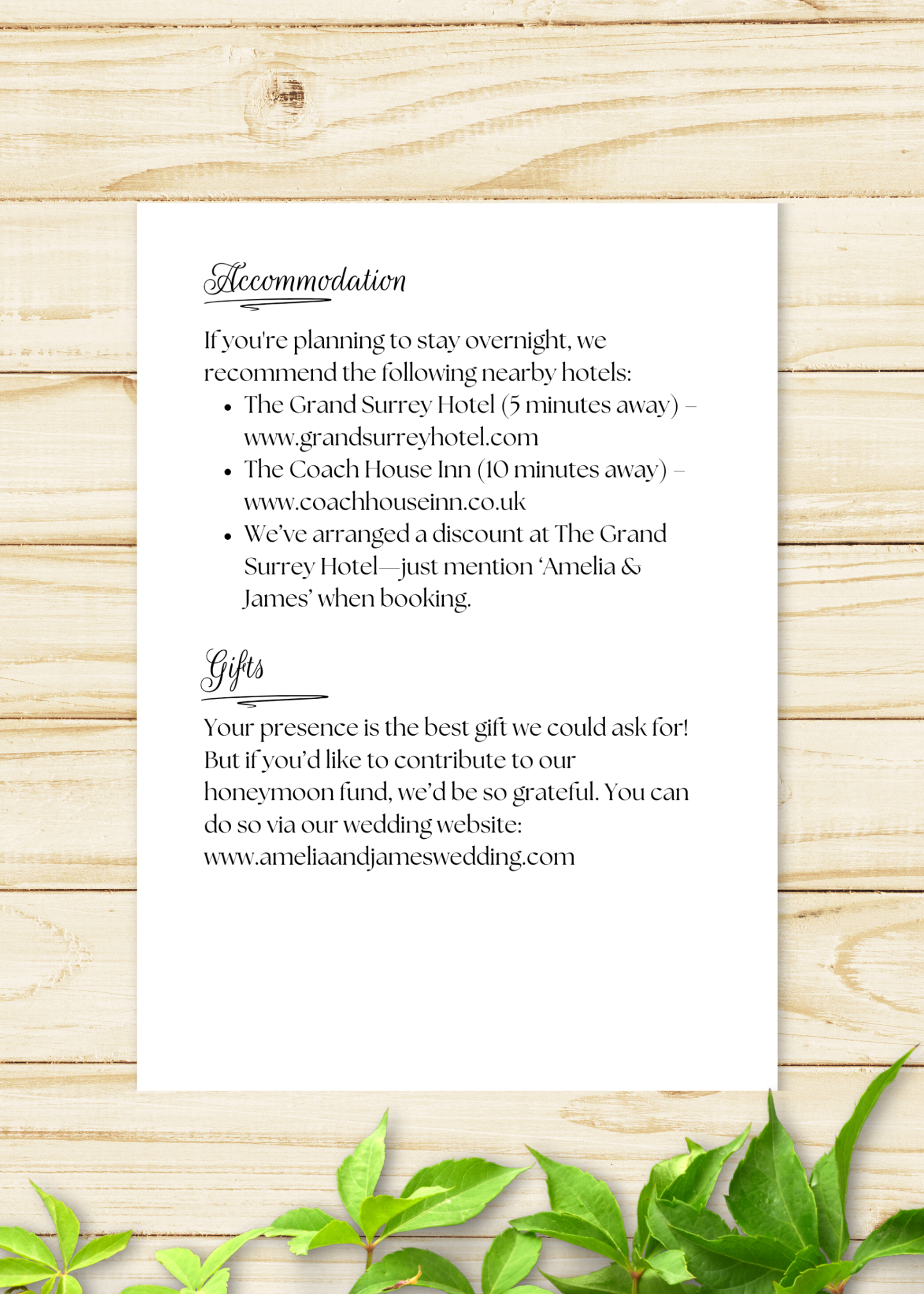 Oakmere Wedding Details Card