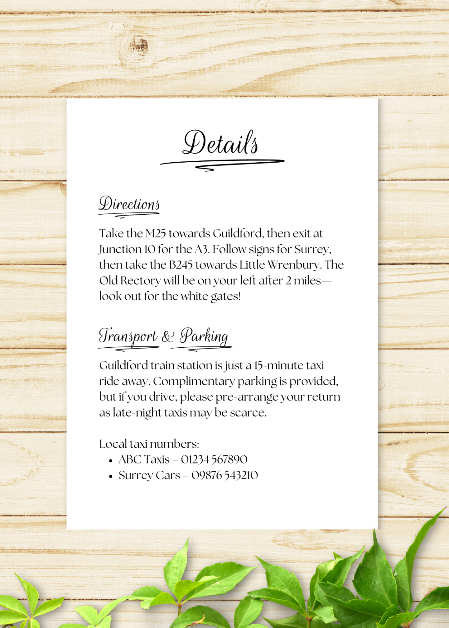 Oakmere Wedding Details Card