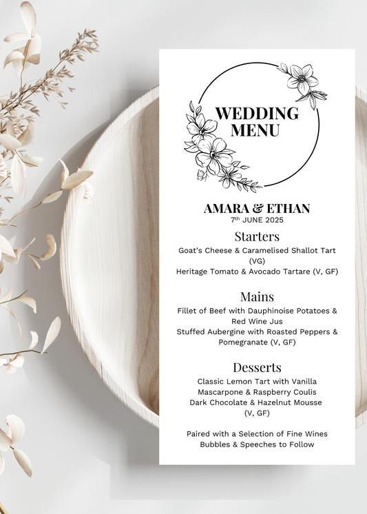 Primrose Dell Wedding Menu