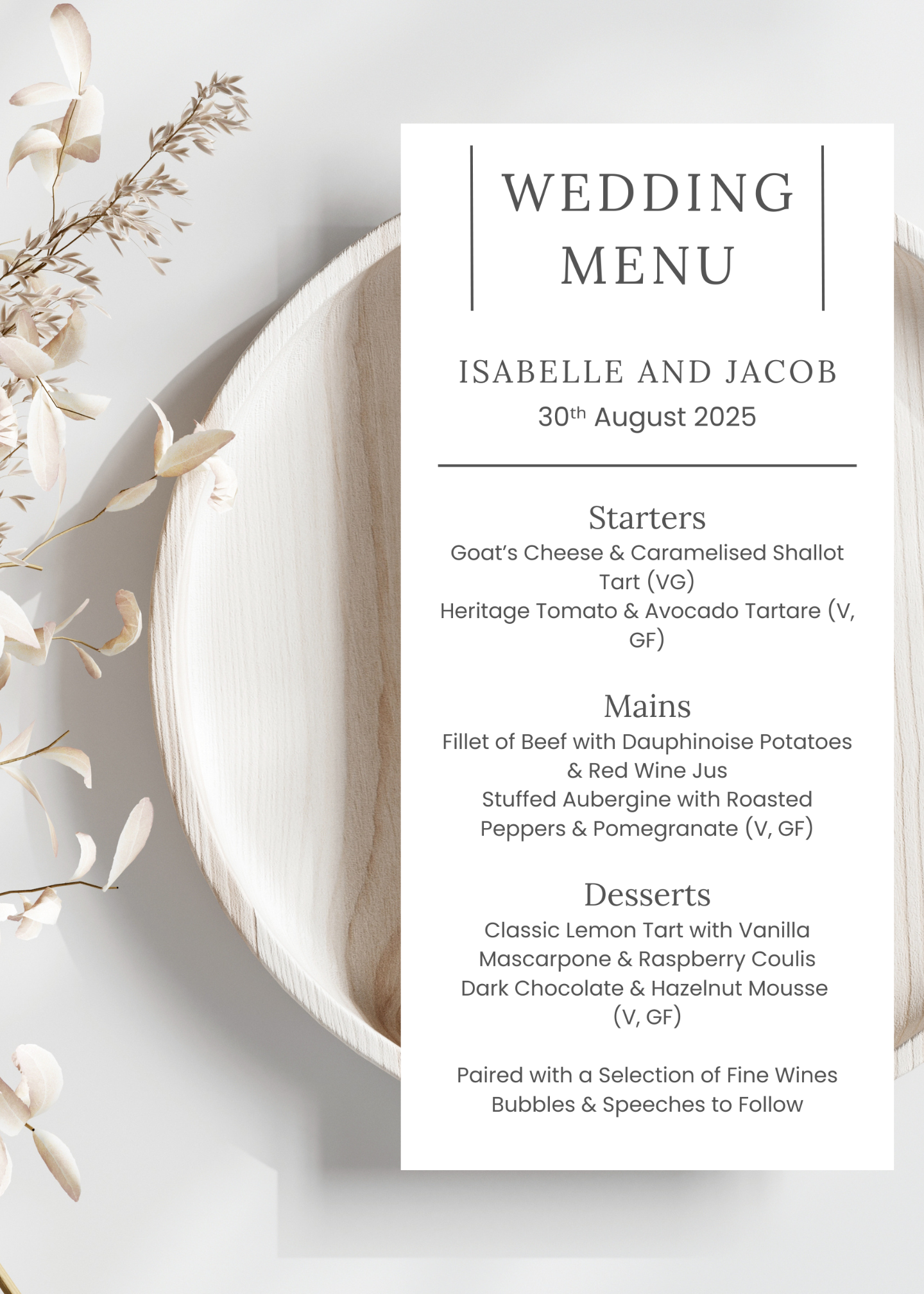 Rowan Hill Wedding Menu