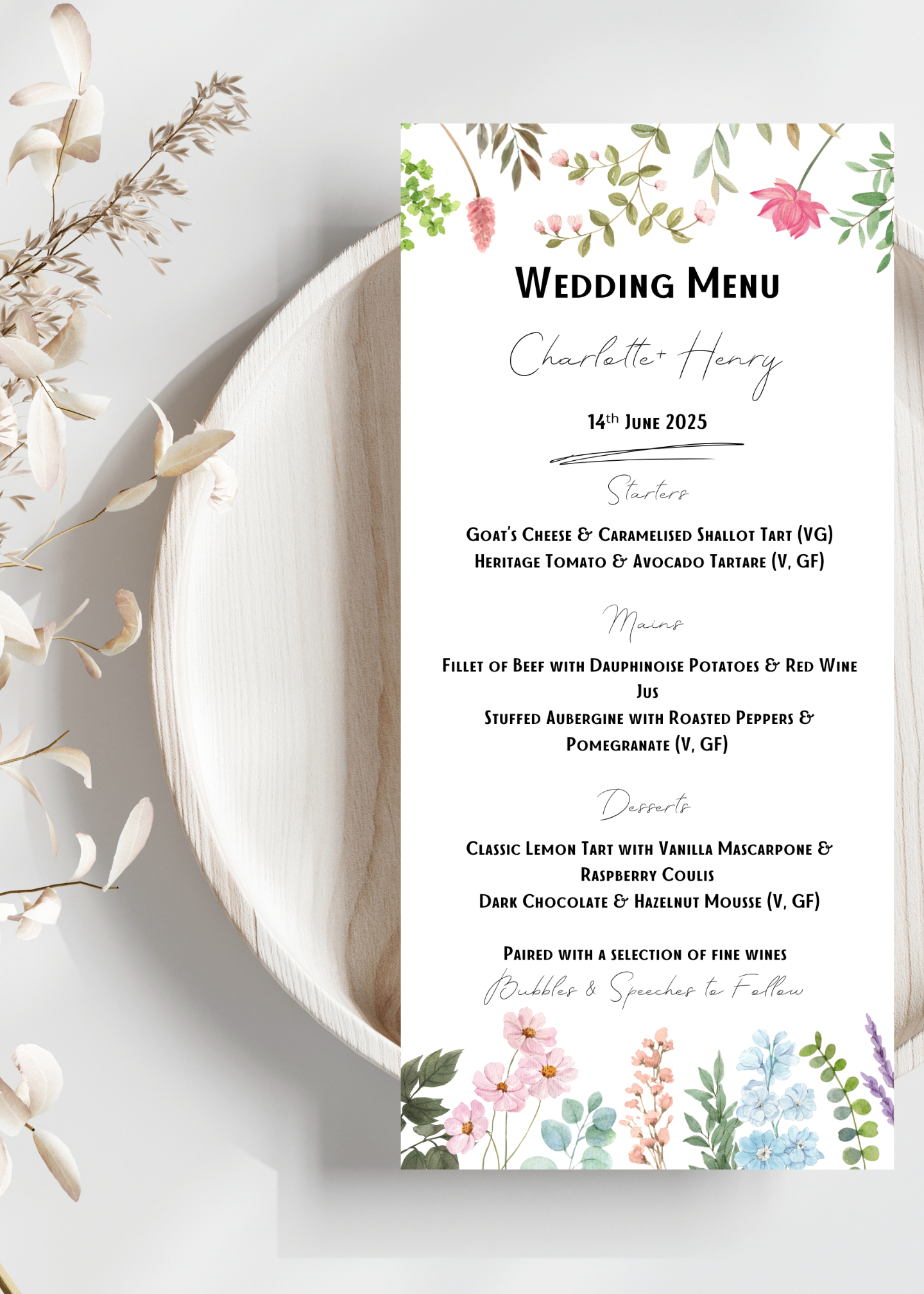 Wildflower Mist Wedding Menu